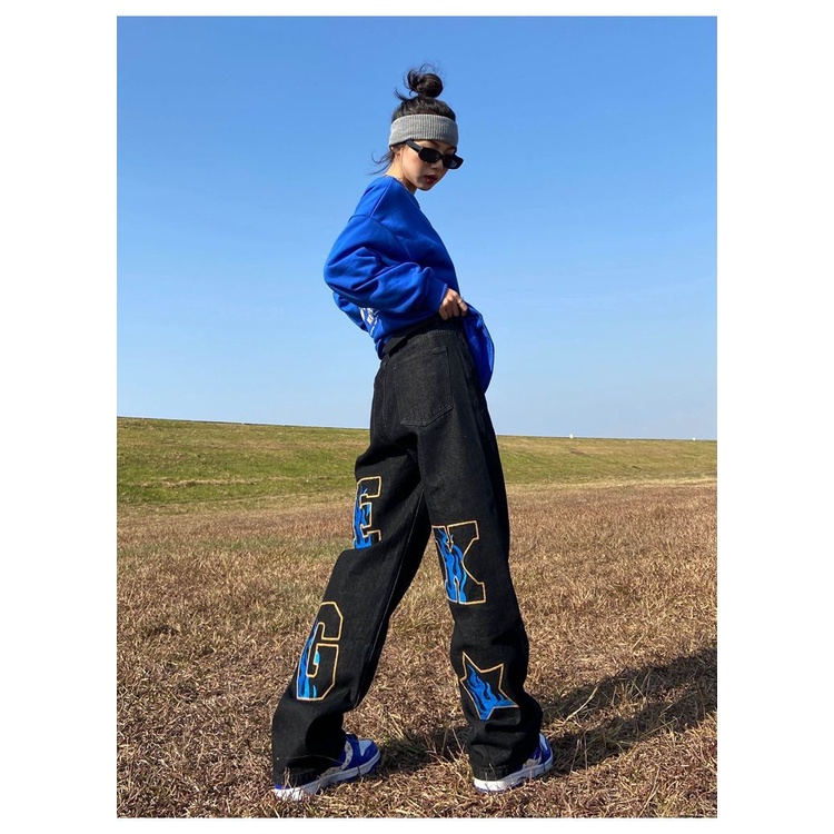 Quần jean dáng rộng thêu họa tiết phong cách hip hop đường phố dành cho nữ