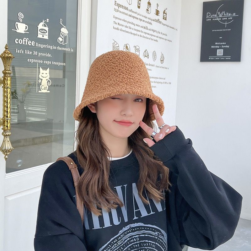 Nón Bucket Vải Lông Cừu Giữ Ấm Mùa Thu Đông Dành Cho Nữ