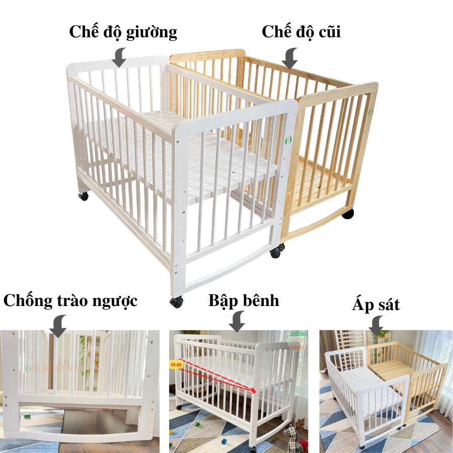 Cũi Giường Cho Bé 4IN1 GOLDCAT C11 Chất Liệu Gỗ Quế Tự Nhiên Giúp Bé Chống Trào Ngược