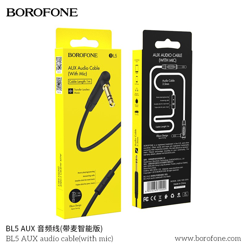 Cáp Audio AUX BOROFONE BL5 Chuyển Jack 3.5mm sang Jack 3.5 mm, Hỗ trợ Microfone, Nút điều khiển