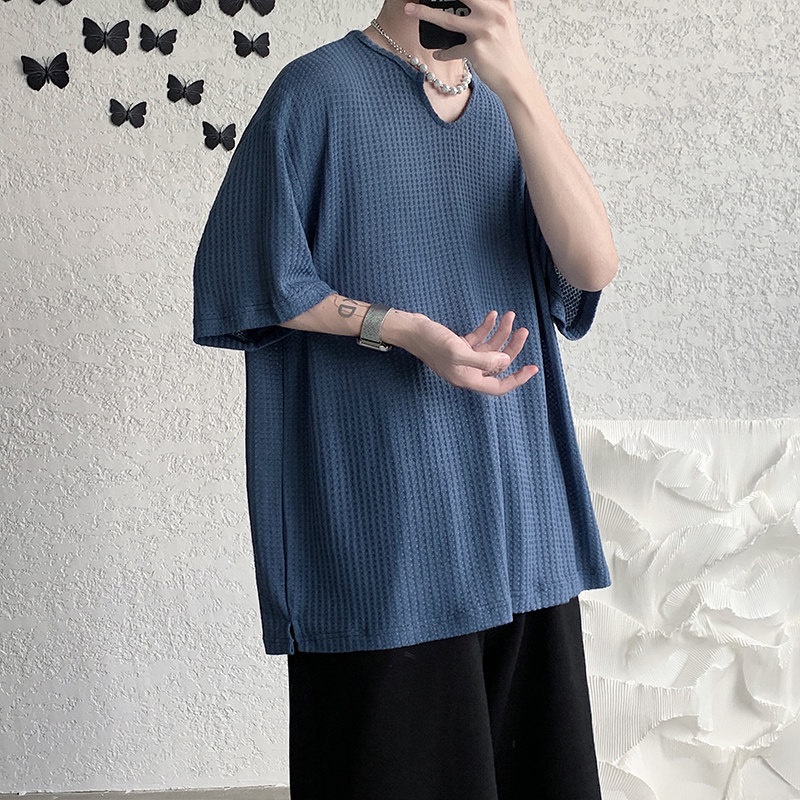 Áo Thun Dệt Kim Tay Ngắn Cổ Chữ U Màu Sắc Trơn Thời Trang Mùa Hè Cho Nam