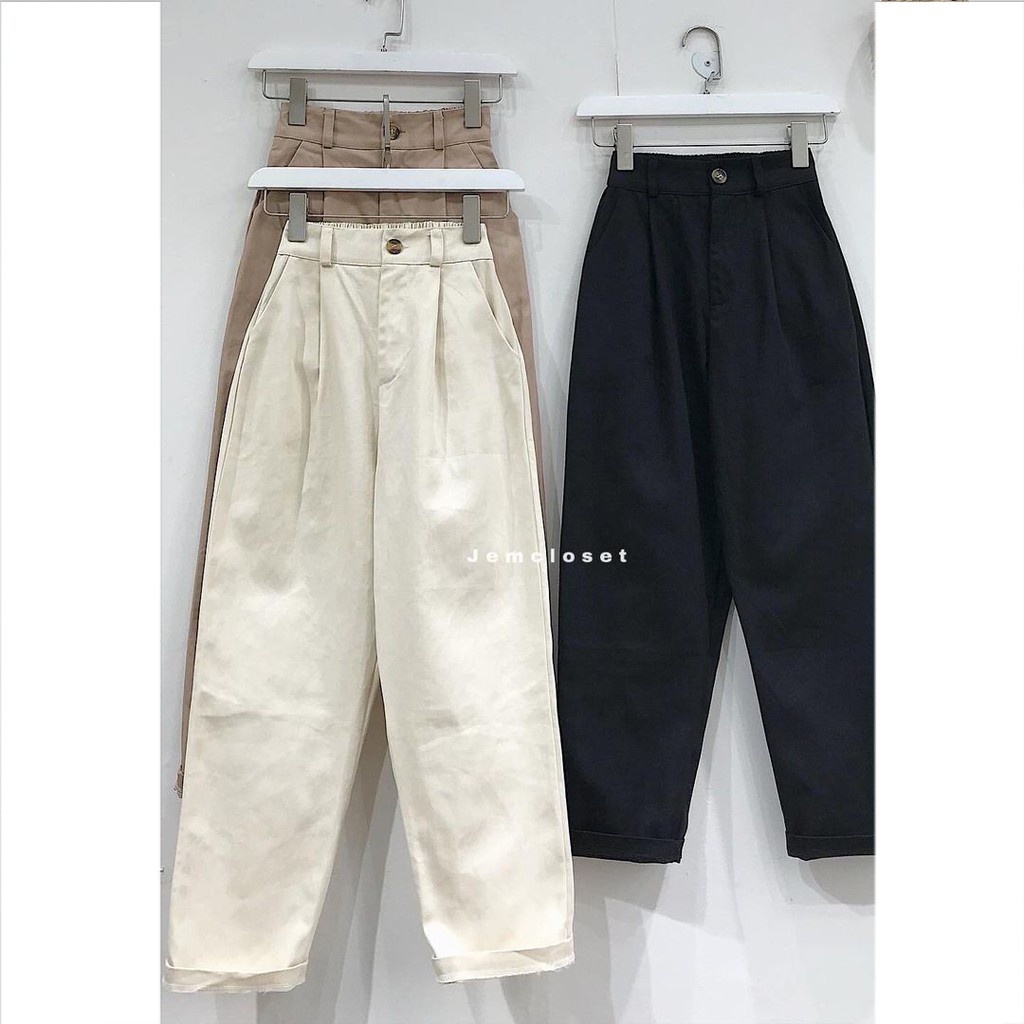 Quần Baggy Nữ Trơn Ống Suông Quần Kaki Cạp Cao Lưng Chun Co Giãn Trẻ Trung Năng Động NESE 3 Màu Đen Be Nâu 2681