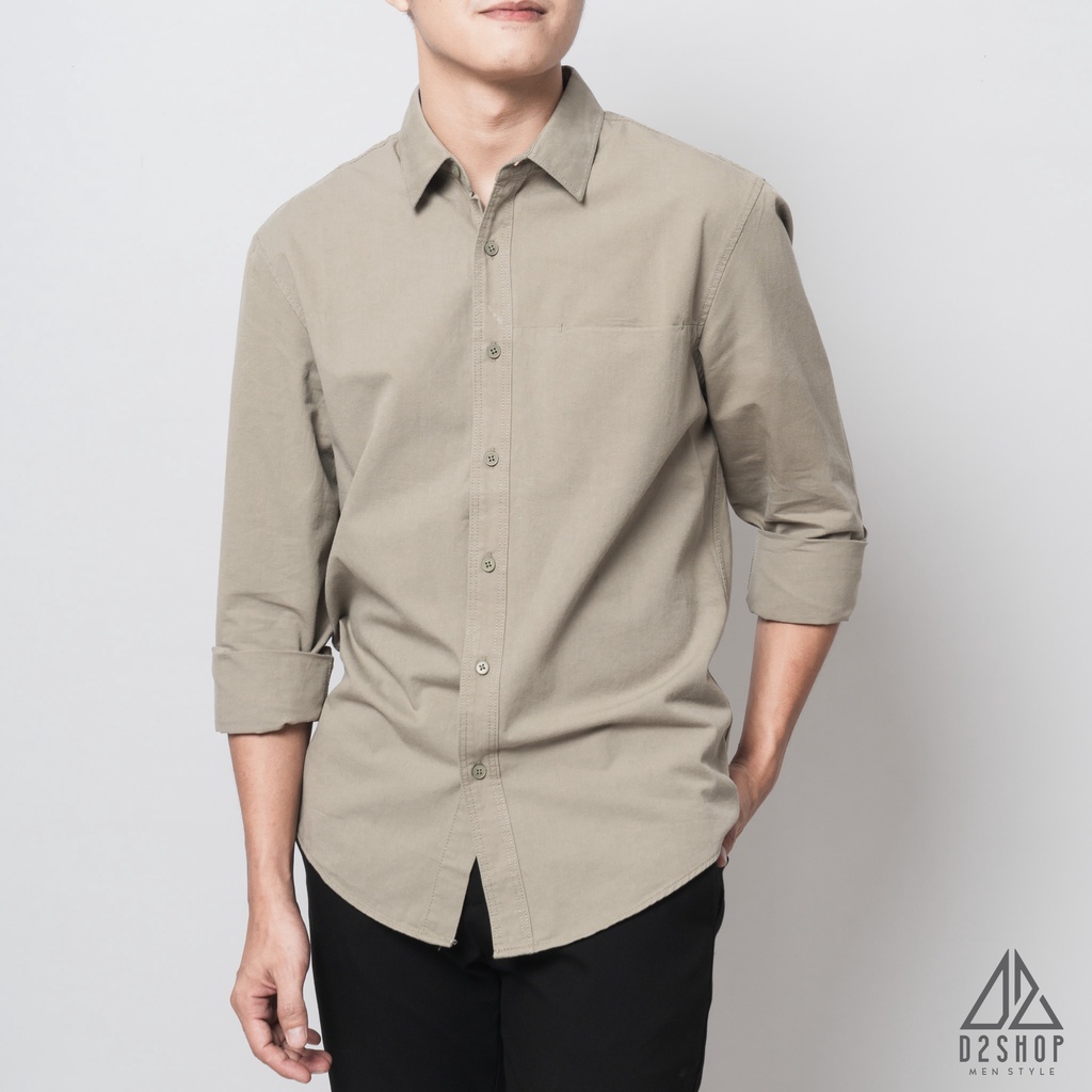 Áo sơ mi nam D2shop, áo sơ mi dài tay nam, vải xéo, túi mổ, màu rêu