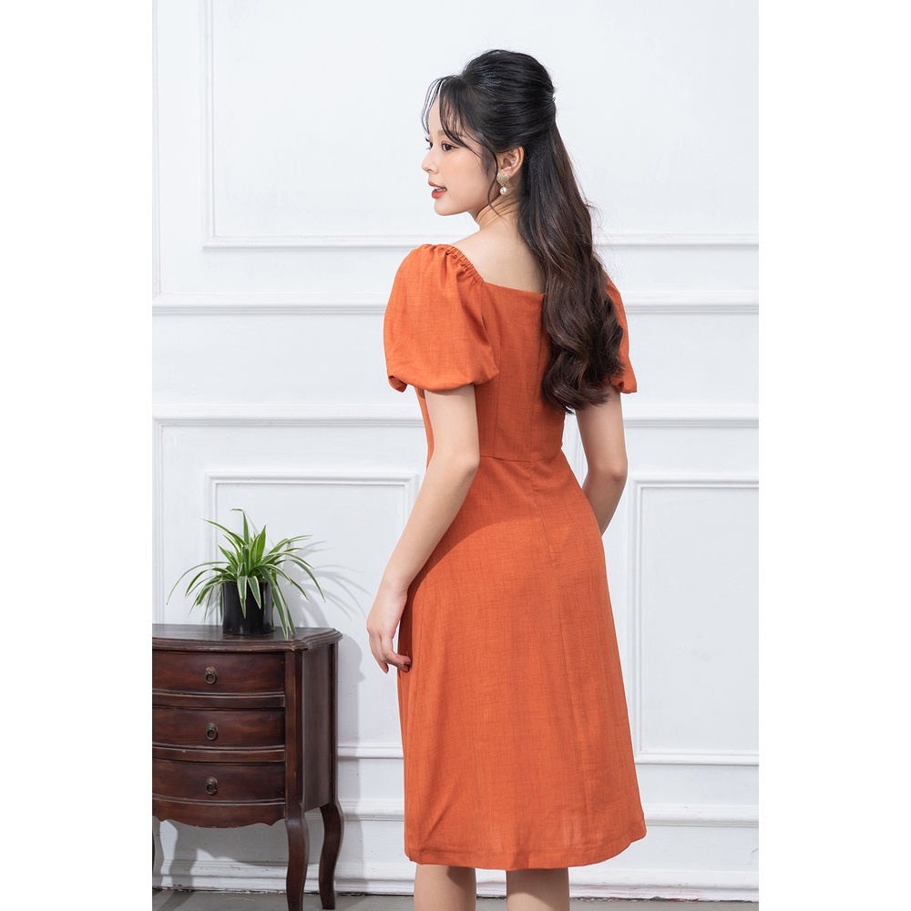 Váy Công Sở Thiết Kế LUPERI Tay Bồng Cổ Vuông Thanh Lịch Chất Liệu Đũi Xước Cao Cấp LFV3271