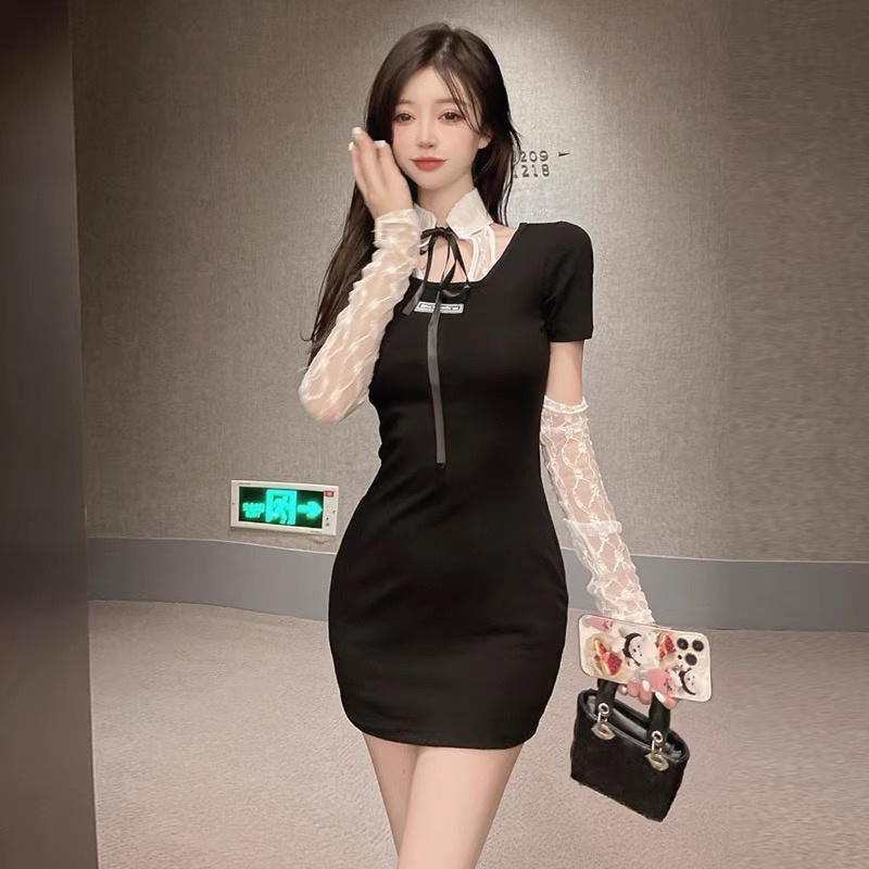 Pure Desire Niche Đầm Ôm Eo Phối Ren Màu Đen Thời Trang Mùa Hè Cho Nữ