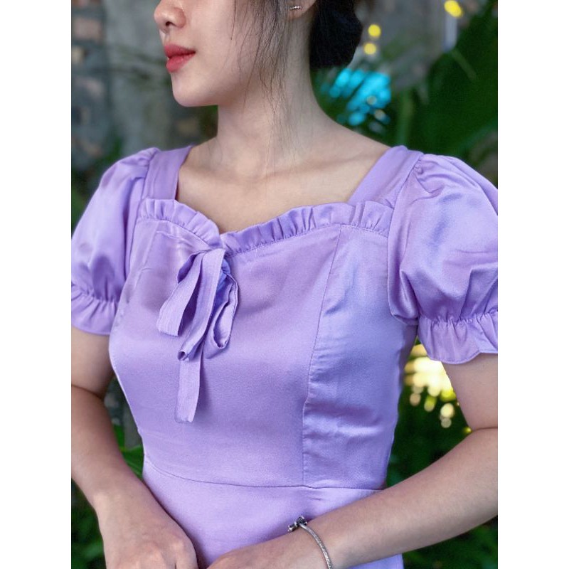 Váy nữ cổ vuông ôm ngực cổ thắt nơ, dáng váy ôm chữ A ngắn tay điểm nhấn viền thắt nơ nổi bật-VN05 | BigBuy360 - bigbuy360.vn