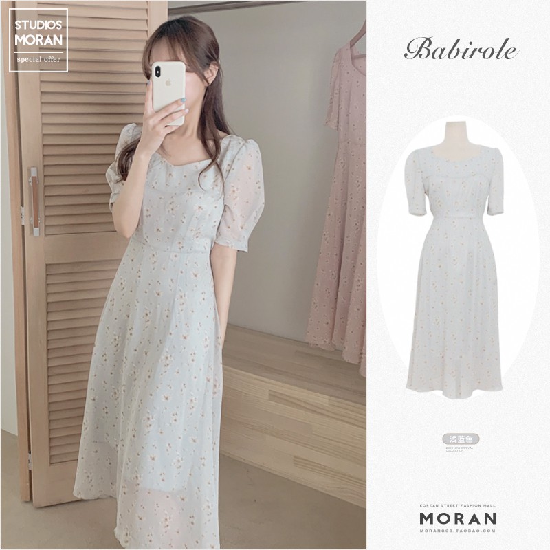 (ORDER) Váy MORAN hoa nhí màu xanh nhạt tươi mát nhẹ nhàng thắt nơ eo xòe điệu đà Hàn Quốc (NEW_HOT) Ulzzang Style