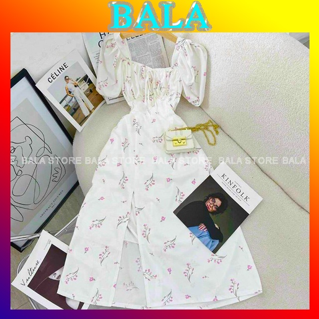 Đầm Maxi Trắng Hoa Nhí Nhíu Ngực Xẻ Tà