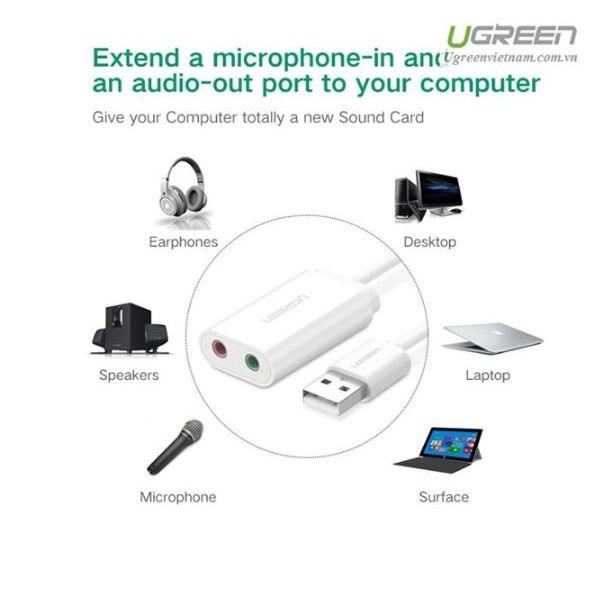Cáp chuyển đổi USB 2.0 sang Jack 3.5mm, USB to sound chính hãng Ugreen 30143 cao cấp bảo hành 18 tháng