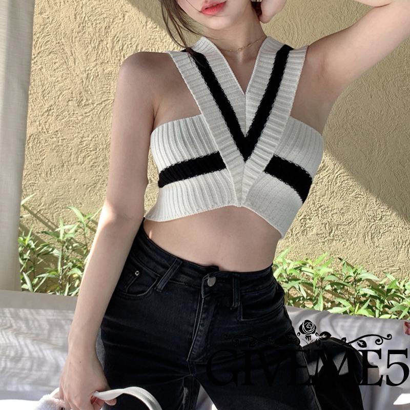 Áo Croptop Dệt Kim Sát Nách Cổ Chữ V Màu Sắc Tương Phản Thời Trang Mùa Hè Cho Nữ