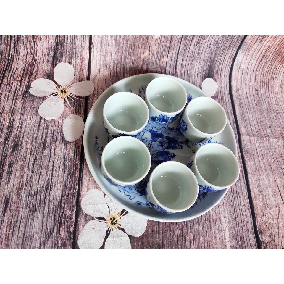 Bộ 6 chén trà men lam cao 4 cm có khay tròn