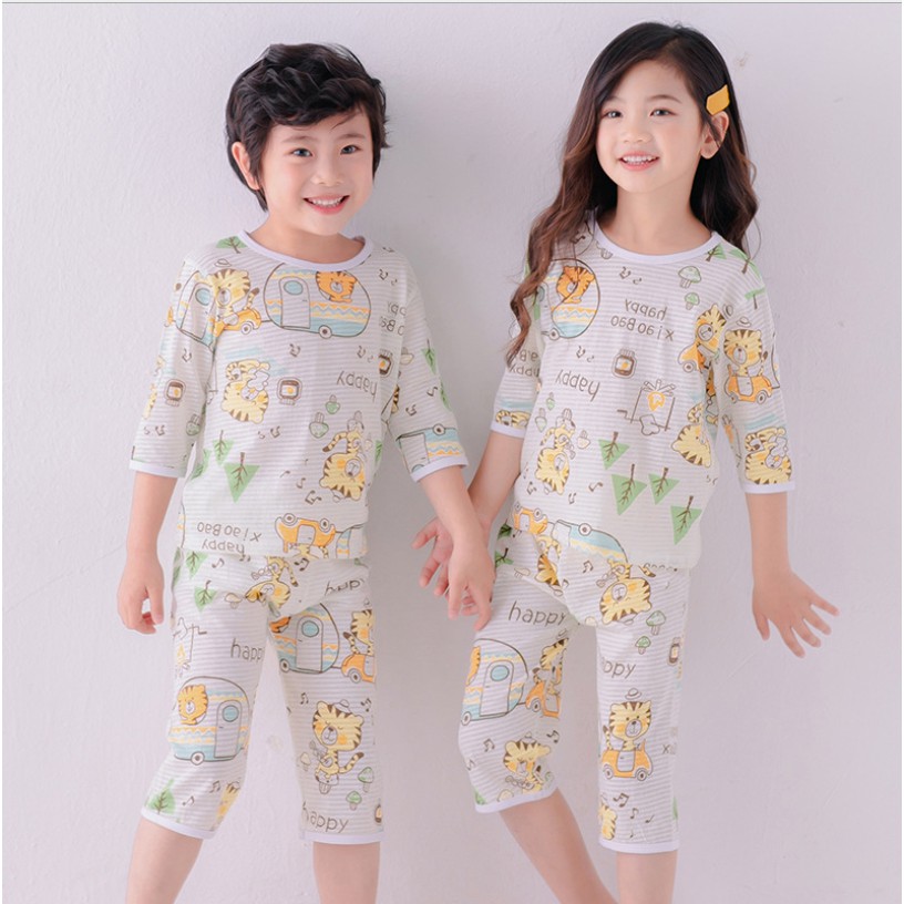 Bộ Đồ Ngủ 100% Cotton Họa Tiết Voi Con Dễ Thương Cho Bé Từ 15-45kg