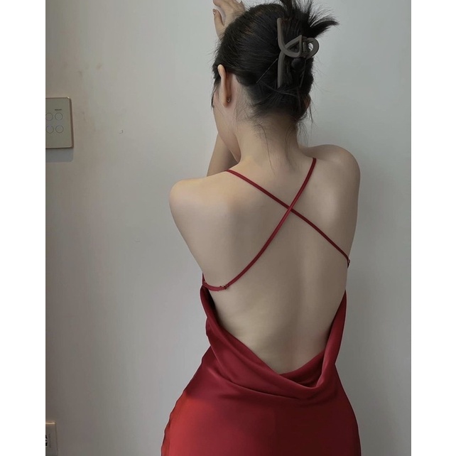 [ Hàng Cao cấp ]Váy Ngủ Lụa Thắt Nơ Ngực Lưng Hở Dây Chéo