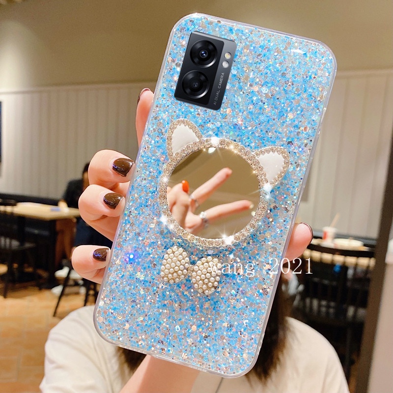 Ốp Điện Thoại Silicon Mềm Đính Đá Lấp Lánh Gắn Kèm Gương Trang Điểm Và Nơ Dành Cho OPPO A77s A77 5G A57 4G 2022