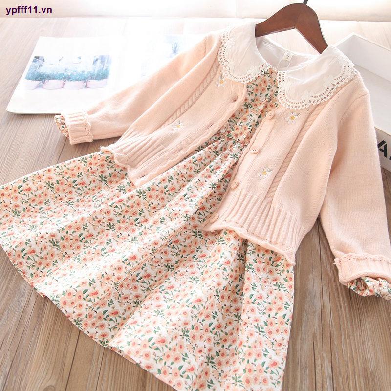 Set áo cardigan và chân váy họa tiết hoa thời trang thu đông mới dành cho bé gái 2021