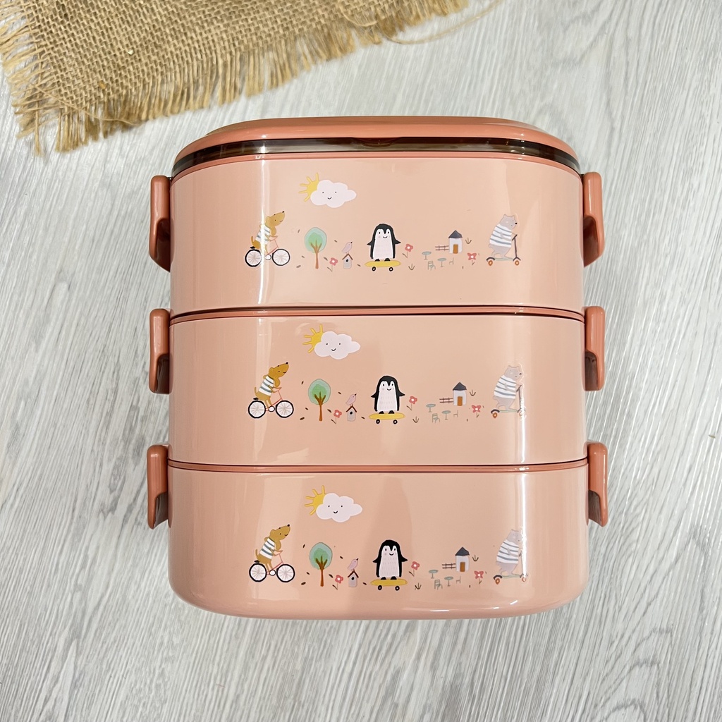 Hộp Đựng Cơm Giữ Nhiệt Ăn Trưa Văn Phòng 3 Ngăn - Nhựa/Lúa Mạch- Kèm Thìa Cao Cấp inox 304