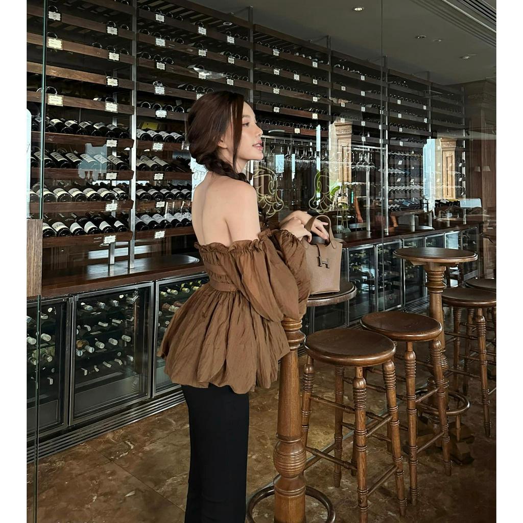 Áo trễ vai tay dài tiểu thư, chiết eo, phồng xoè