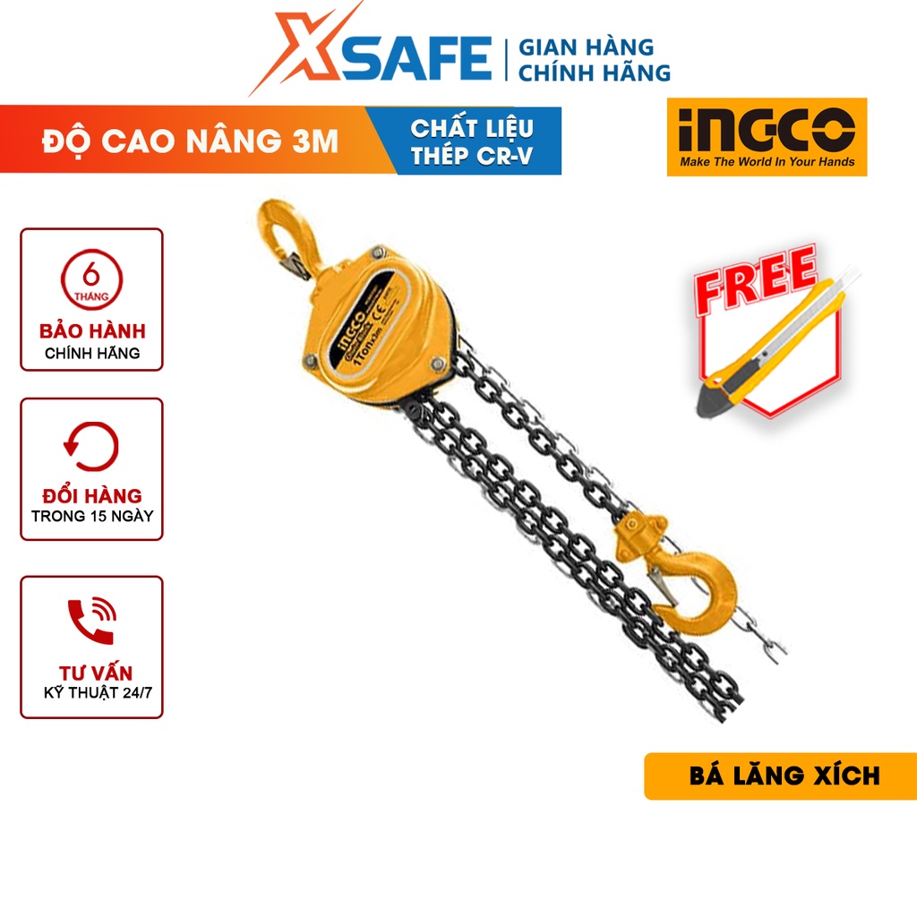 Pa lăng xích INGCO Bá lăng trọng lượng nâng 1-2 tấn, độ cao nâng 3m, 1 dây xích nâng