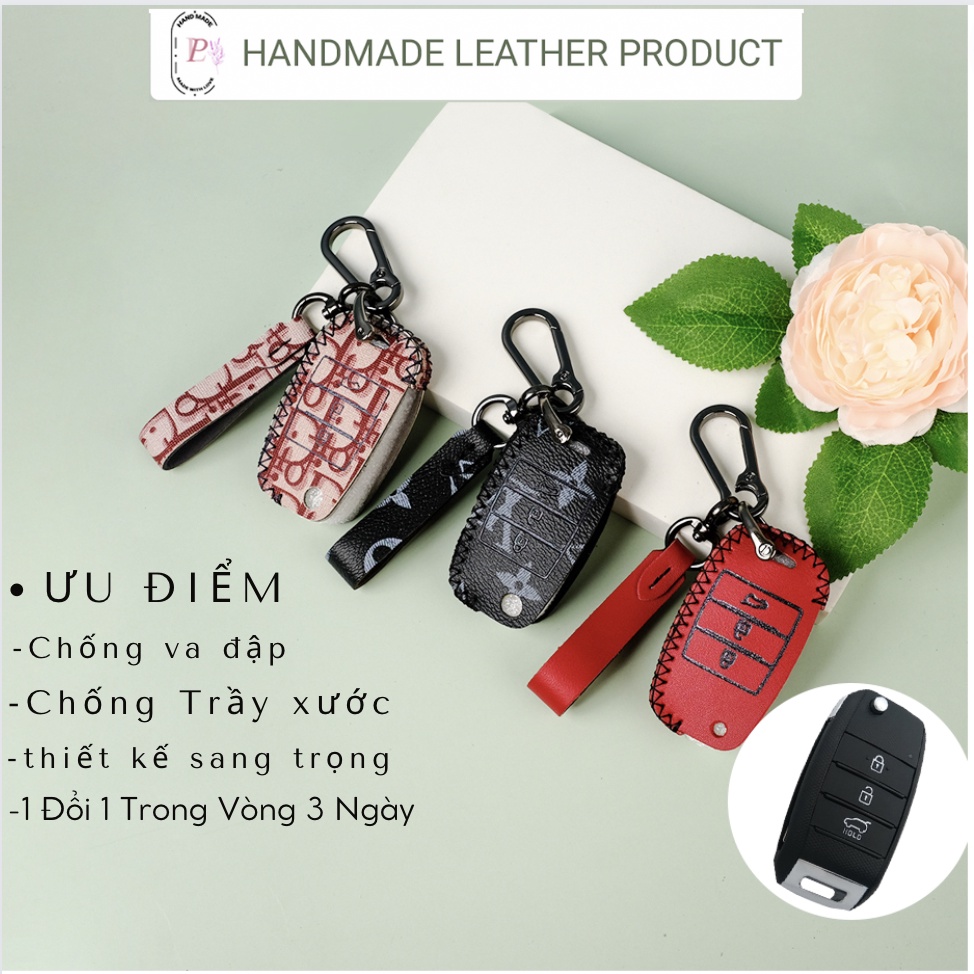 Bao da bọc chìa khóa smartkey ô tô Kia Morning Seltos Rondo Soluto Sportage Rio chìa gập khâu tay móc đen KG