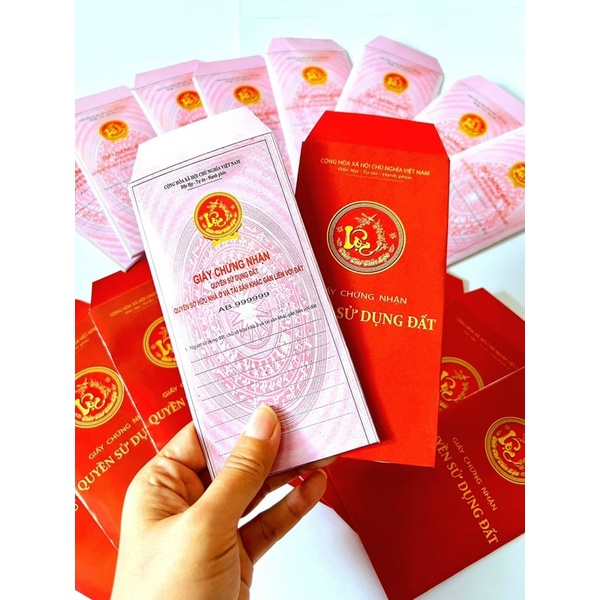 Bao Lì Xì Sổ Hồng Sổ Đỏ Lộc Lá Xấp 10 Cái - In Theo Yêu Cầu