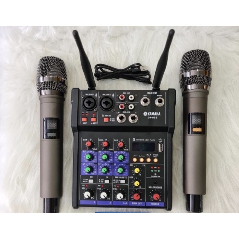 Bàn Mixer G4 live stream được hỗ trợ màn hình LED có bluetooth kiêm 2 mic không dây tiện cho oto loa kéo và các loa khác