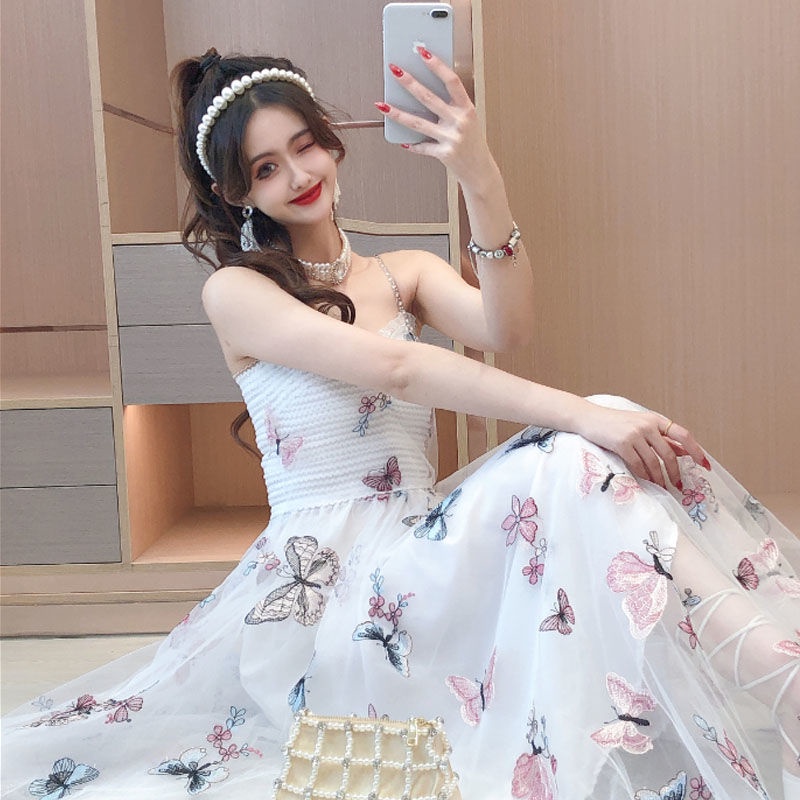 Đầm Lưới Hai Dây Ôm Eo Thêu Hình Bướm Thời Trang Hàng Mới 2022