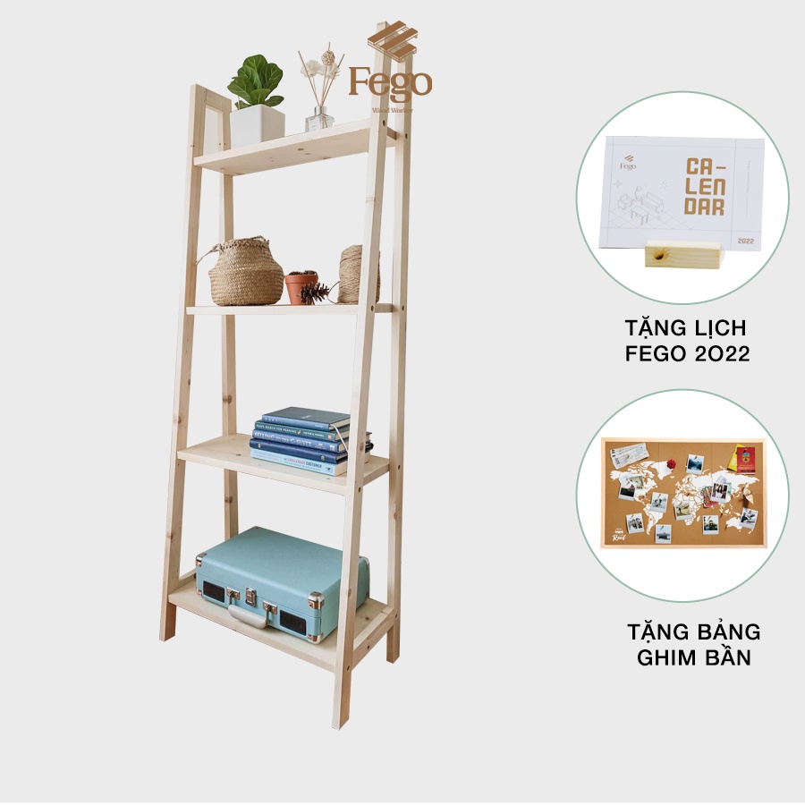 Kệ Sách 4 Tầng Gỗ Thông Tự Nhiên FEGO Harmon Để Đồ Đa Năng Decor Phòng Khách Phòng Ngủ