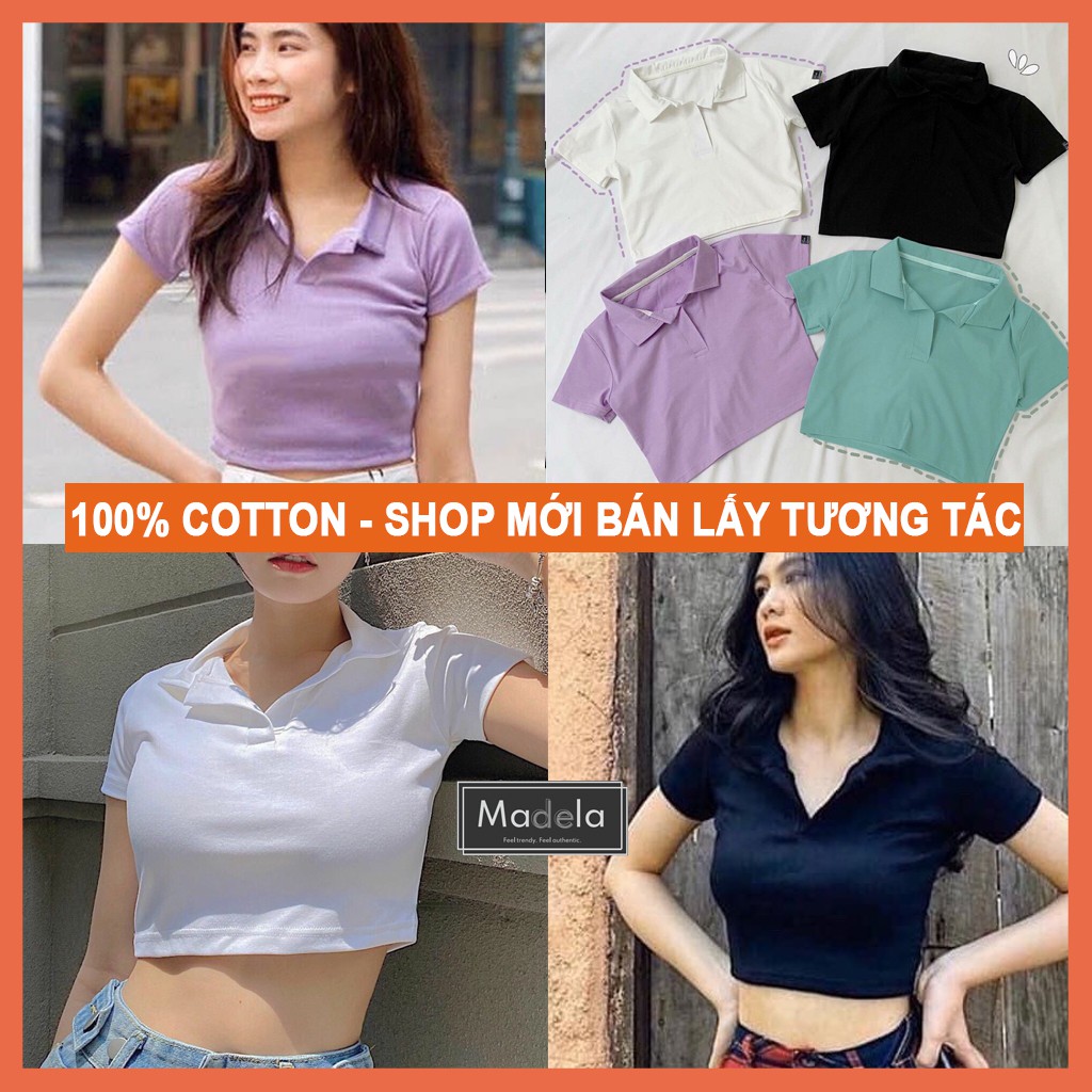 Áo croptop polo tay ngắn có cổ MADELA dáng ôm, croptop nữ ngắn tay, Áo thun polo nữ phong kiểu croptop - ACTN01