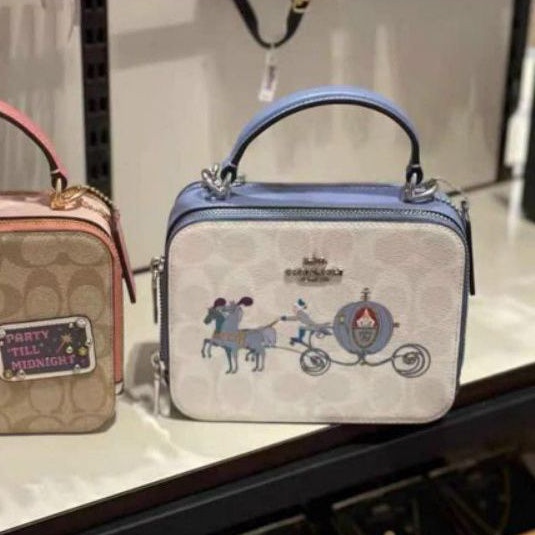 Túi xách đeo chéo CO@CH xuất xịn hộp vuông in hoạt hình màu xanh pastel
