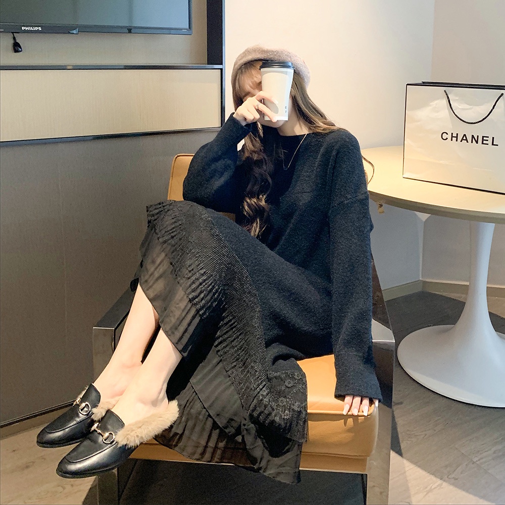 Váy len nữ phối ren, dáng xuông