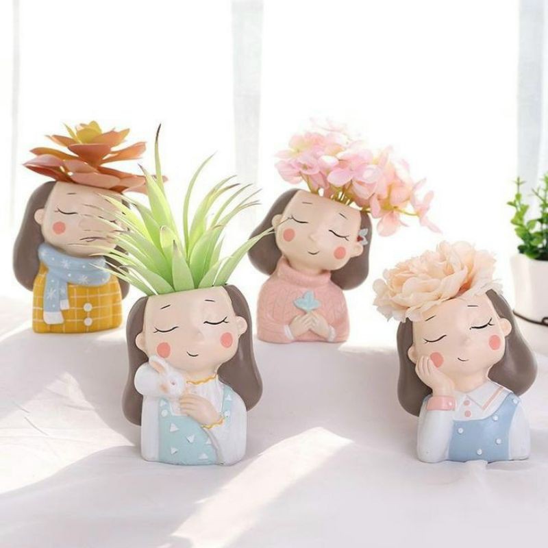 Chậu gốm trồng sen đá xương rồng, cây mini.. - Chậu hình người cô gái, chàng trai siêu dễ thương