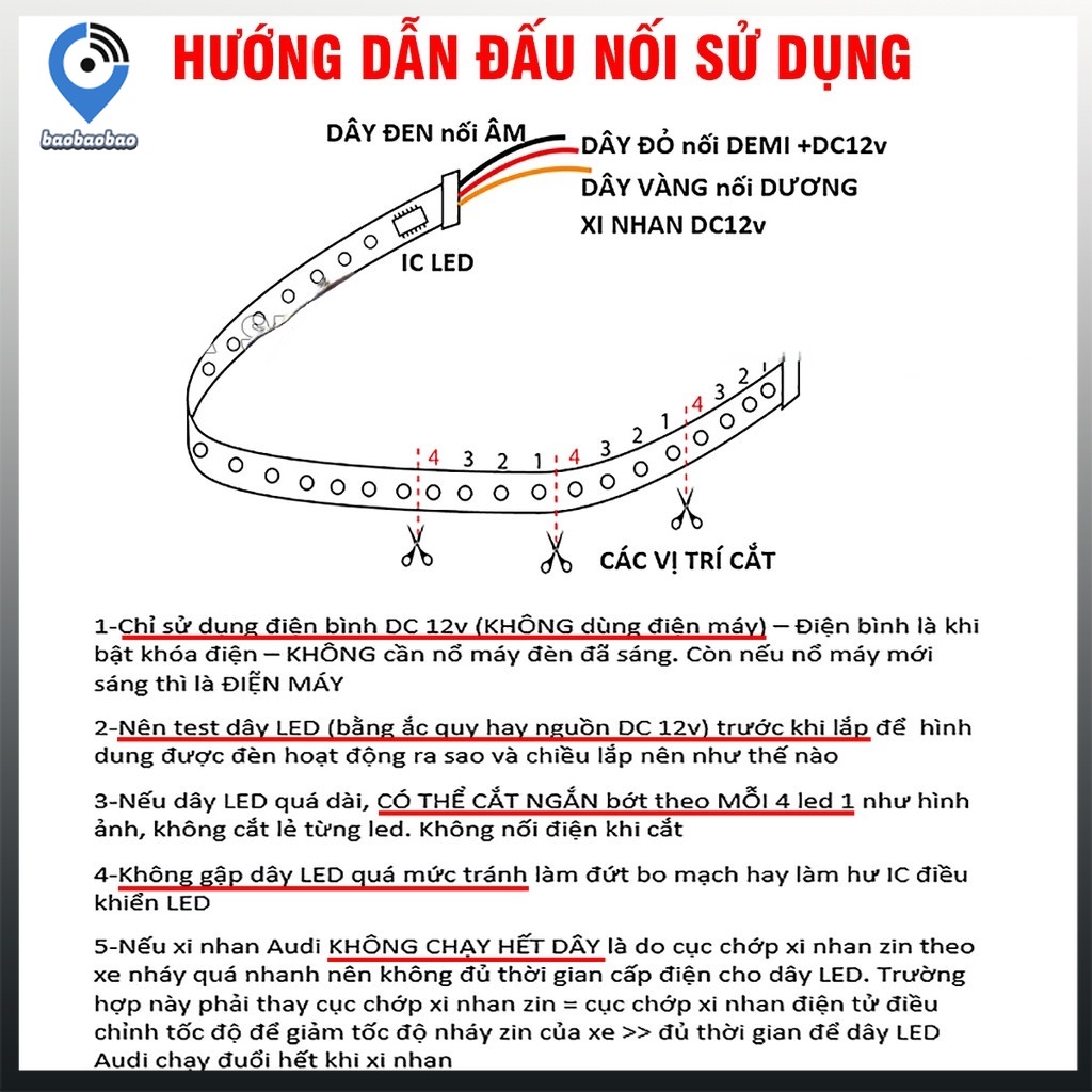 Led dẻo lắp demi xi nhan chạy đuổi kiểu Audi cho xe máy, ô tô - DC 12v