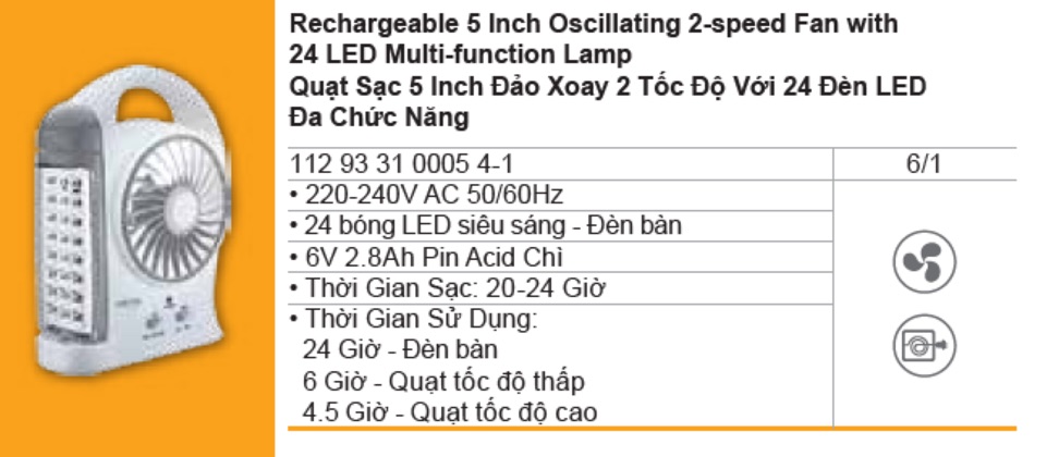 Quạt sạc tích điện xoay 2 cấp độ, 24 đèn led meval