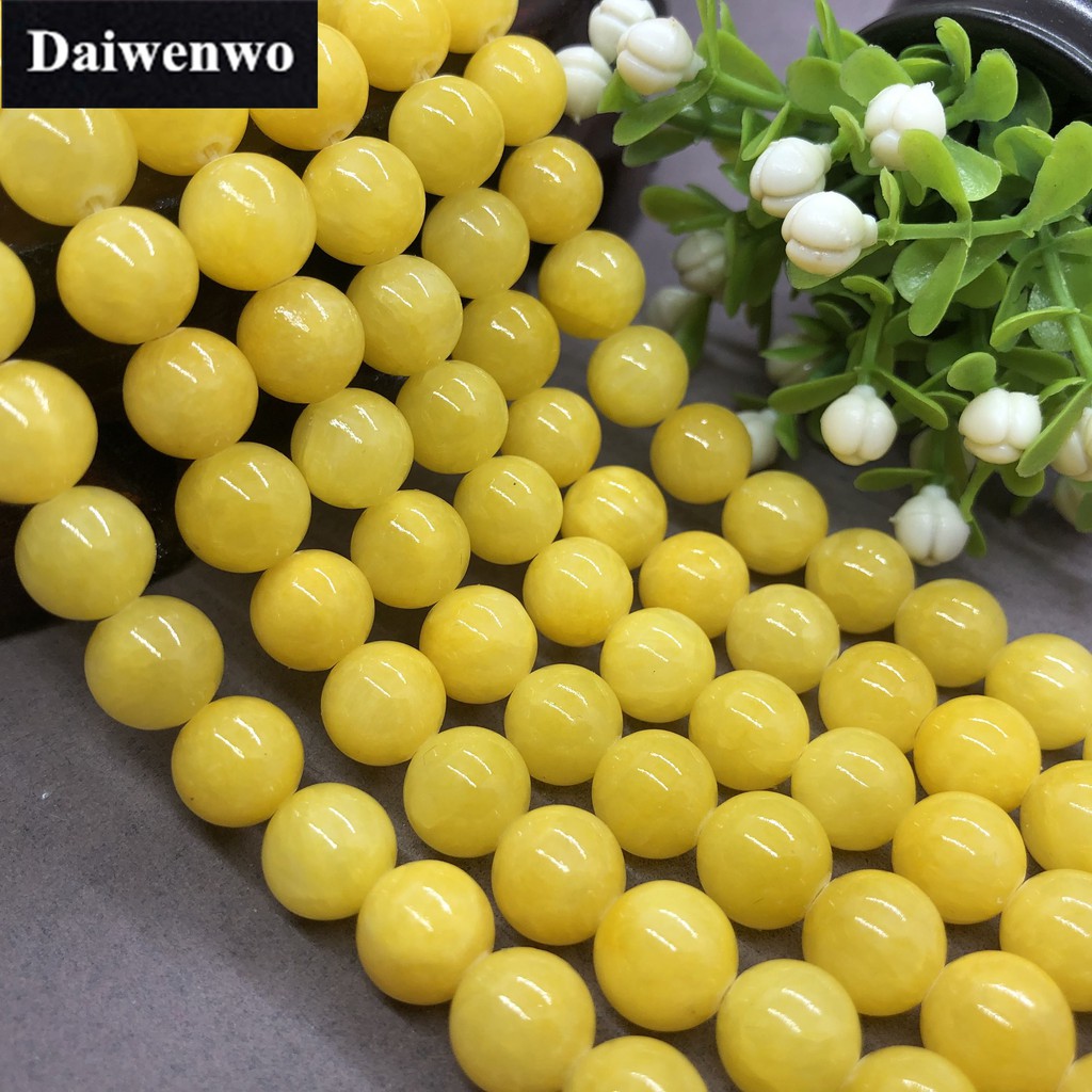 Hạt đá ngọc bích màu vàng Chalcedony tự nhiên dạng tròn 4-12mm DIY