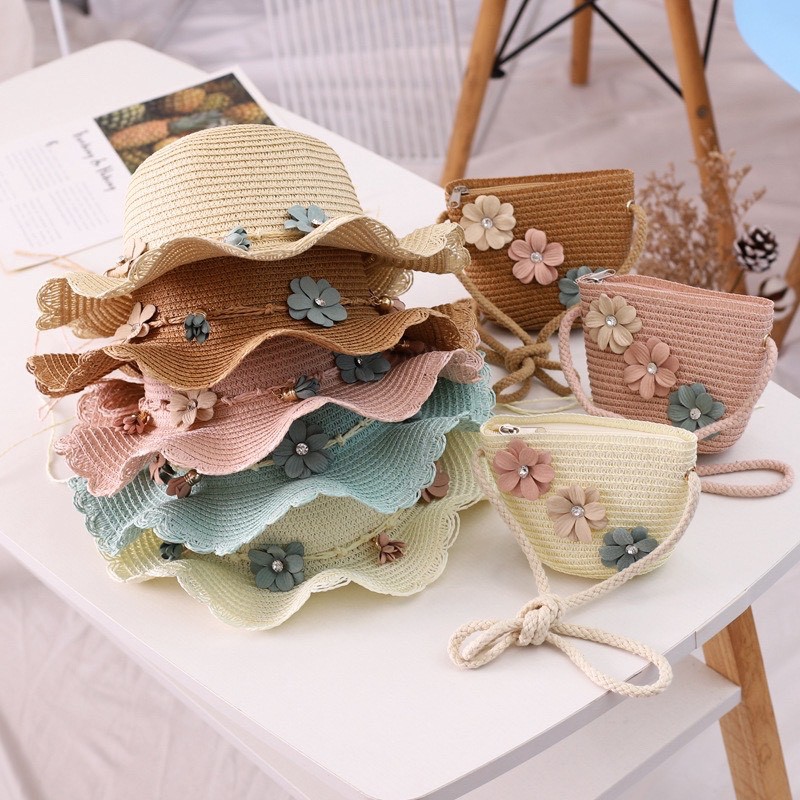 Set mũ cói rộng vành và túi vòng hoa cho bé gái 3-6 tuổi