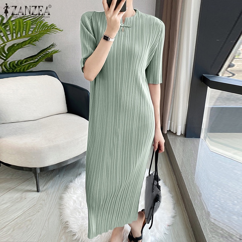 Đầm dài ZANZEA cổ chữ V tay lửng xếp ly màu trơn thời trang công sở nữ tính