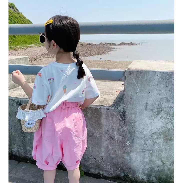 Set Áo Thun Cotton Tay Ngắn + Quần Hồng❤M0022❤Thời Trang Mùa Hè Hàn Quốc Cho Bé Gái