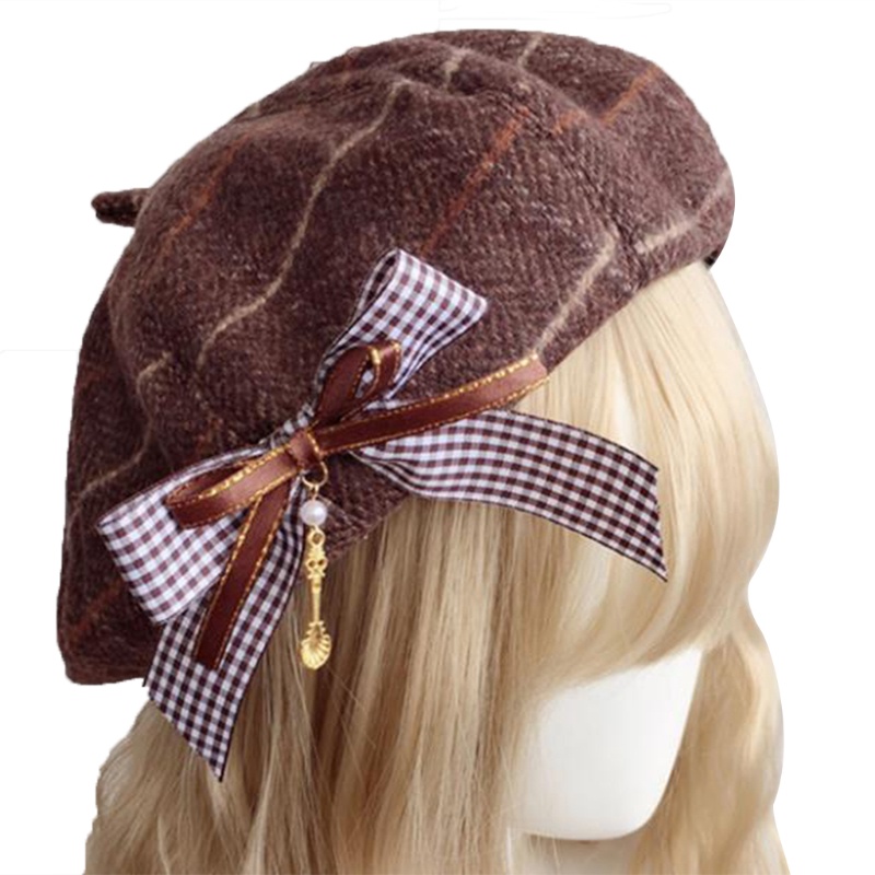 Mũ Nồi Vải Len Kẻ Sọc Ca Rô Đính Nơ Mini Kiểu Lolita Dễ Thương