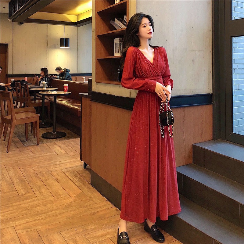 Đầm Tay Dài Xếp Ly Ôm Eo Đính Kim Sa Lấp Lánh Thời Trang Mùa Thu Sớm Thu 2021