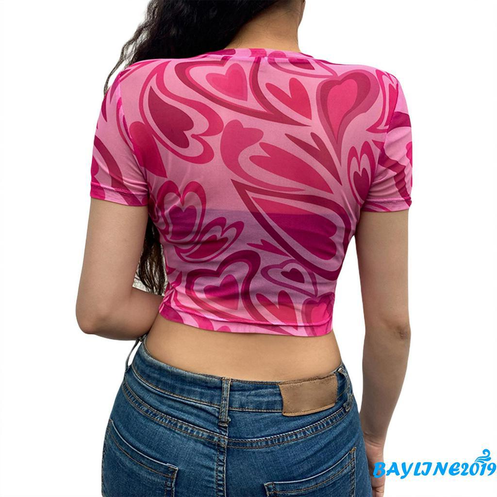 Áo thun ngắn tay in họa tiết trái tim thời trang cho nữ