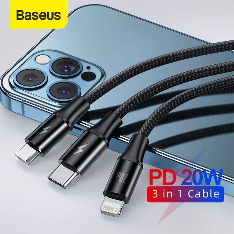 Cáp sạc Baseus Rapid Series 3in1 PD 20W ( Type-C to Type-C/ Lightning/ Micro USB ), Fast Charging &amp; Data Cable, dài 1.5m