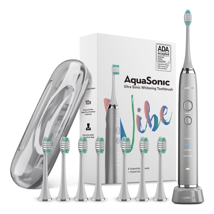 Bàn chải điện AquaSonic Vibe Series - siêu trắng răng- chứng nhận ADA - sạc không dây- kèm 8 đầu chải USA