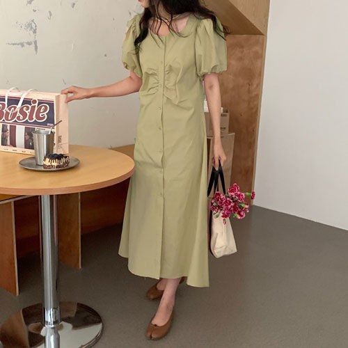 Phiên bản mùa hè Hàn Quốc mới 2021 váy mỏng, sinh viên siêu bất tử cổ vuông, tay áo bong bóng xếp ly, váy trắng | BigBuy360 - bigbuy360.vn