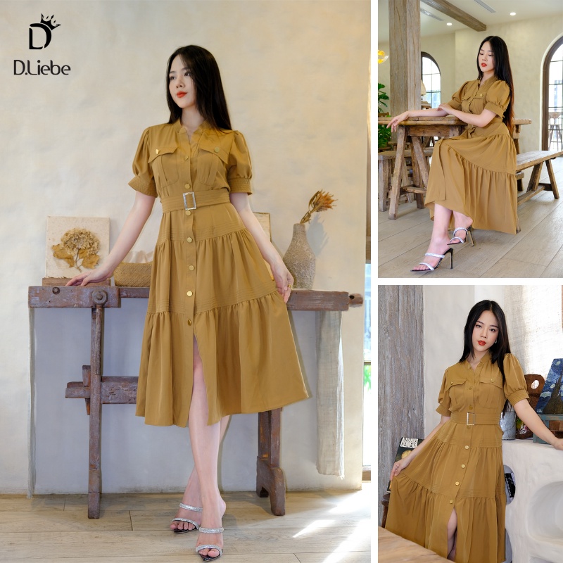 Váy xòe dáng dài cổ tàu tay bồng, đầm maxi suông dài thiết kế Dliebe