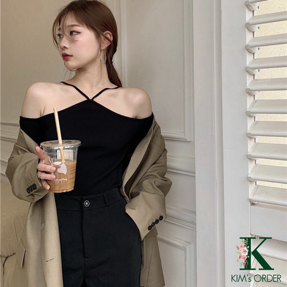 Áo len nữ dài tay màu đen trắng ghi cổ dây chéo hở ngang trễ vai phom ôm body phong cách sexy sang chảnh sành điệu