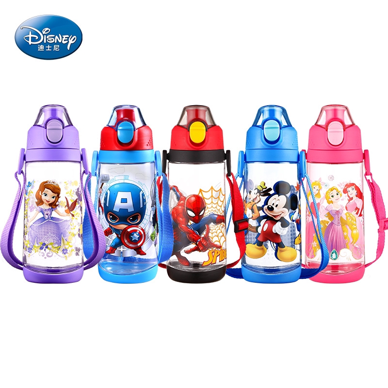 Bình nước thể thao cho bé thiết kế nhấn nút in hình hoạt hình Disney dung tích 600ml