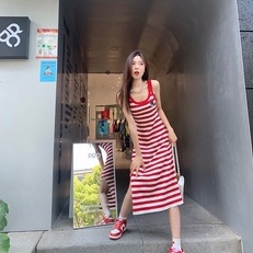 Đầm dệt kim ZHELIHANGFEI dáng dài xẻ tà họa tiết kẻ sọc phong cách thời trang quyến rũ cho nữ