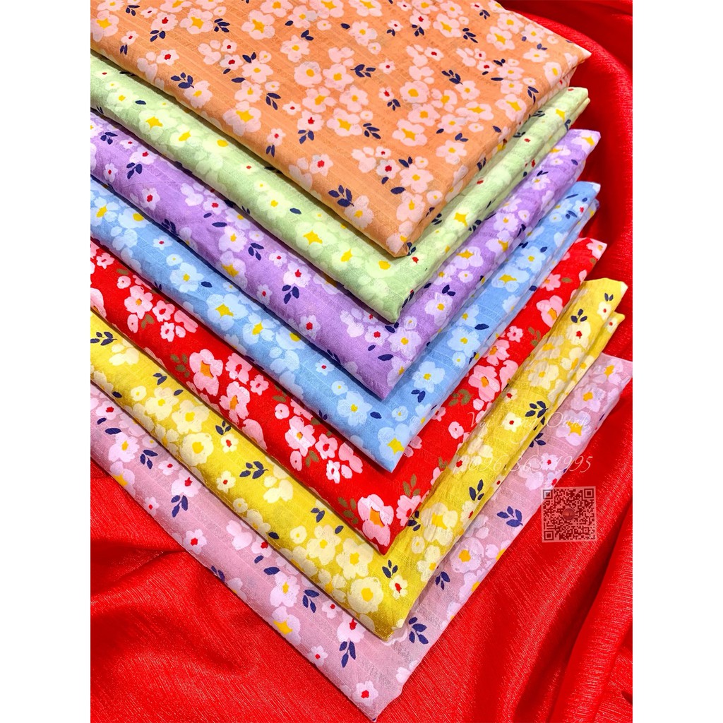Vải thô - vải thô hoạ tiết bông hoa lá tròn, khổ vải 1m5, 7 màu sắc trẻ trung tươi sáng, thích hợp may áo dài, váy, đầm