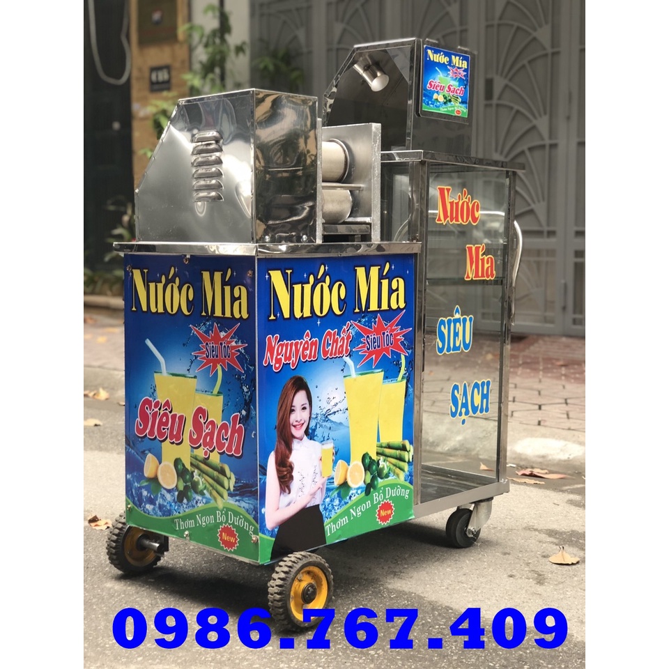 Máy ép mía 3 lô siêu kiệt ép 1 lần motor 1500w có tủ kính khung viền inox