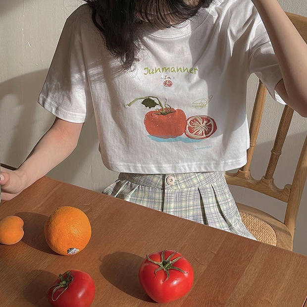 Áo thun croptop SUXI eo cao tay ngắn cổ tròn in hình trái cây đơn giản thời trang mùa hè cho nữ